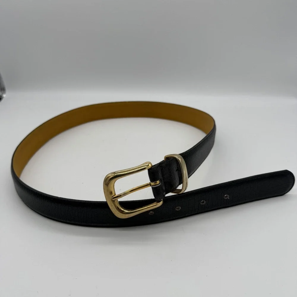 Vintage Made in Italy Black Leather Gold Buckle Belt Size L 6254